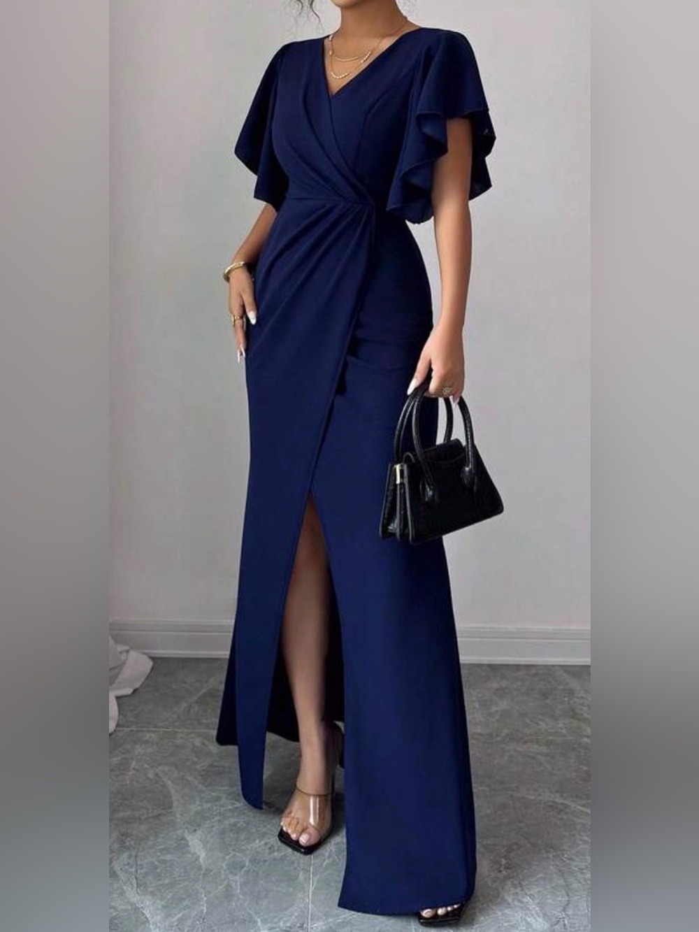 NWOT: Elegant Navy Maxi Dress with Flutter Sleeves